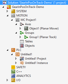 Example "Synchronizing a Planar mover on a track with one axis" 1:
