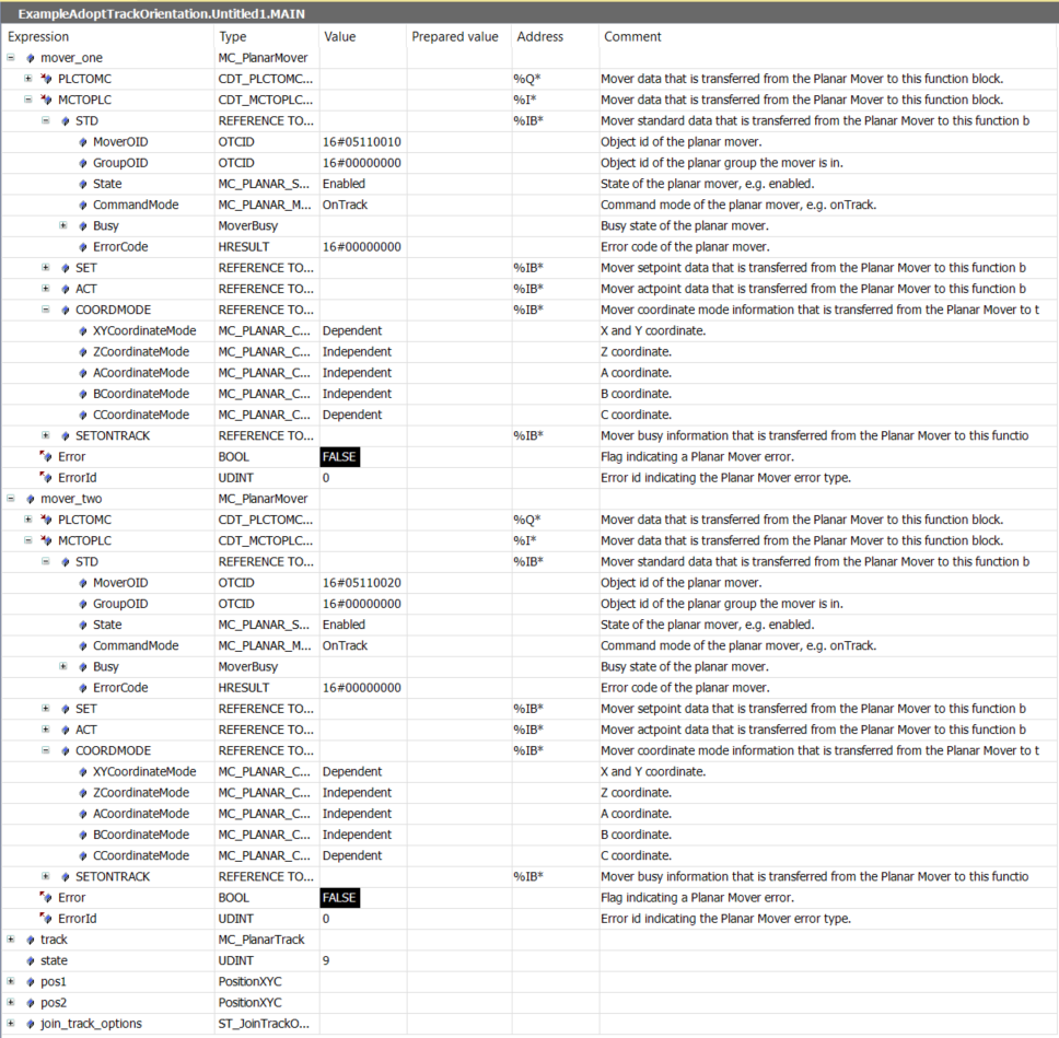 Example "Coupling a Planar mover to a track and moving it with AdoptTrackOrientation" 7: