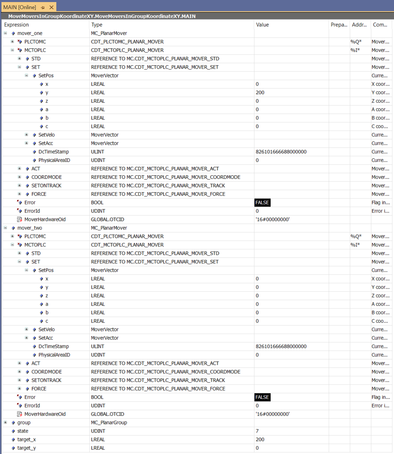 Example: "Creating and moving Planar movers with track and group" 10: