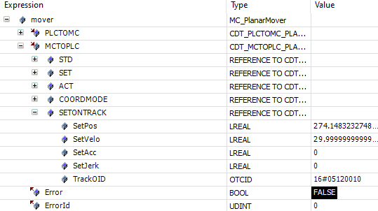 Example "Synchronizing a Planar mover on a track with one axis" 14: