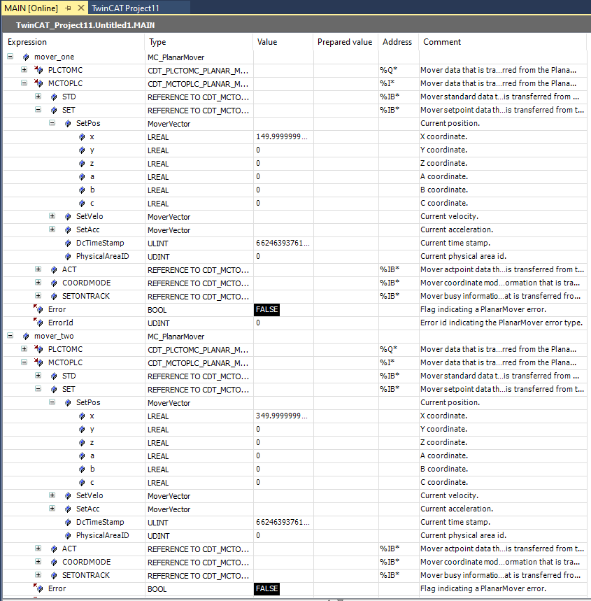 Example "Joining and moving a Planar mover on the track" 9: