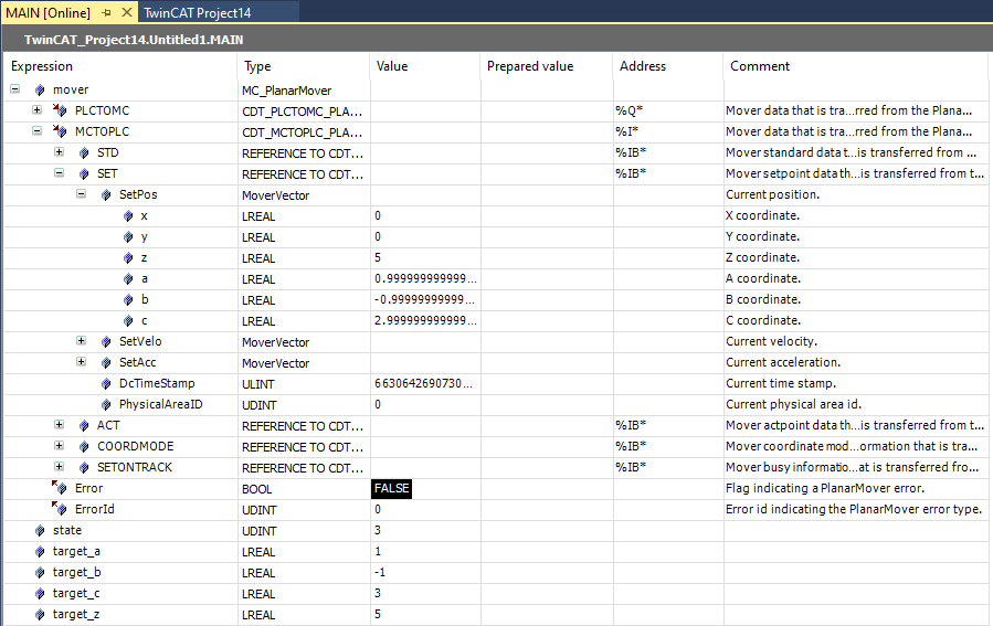 Example: "Creating and moving a Planar mover with auxiliary axes" 7: