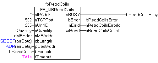 FB_MBReadCoils (Modbus function 1) 4: