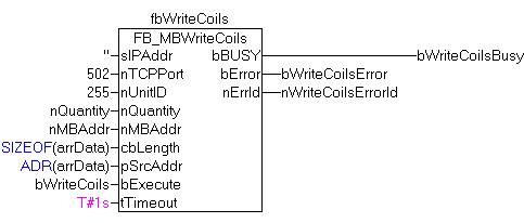 FB_MBWriteCoils (Modbus function 15) 4: