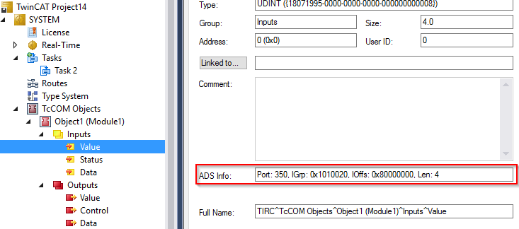 Connect to a TwinCAT TcCOM module via ADS 3: