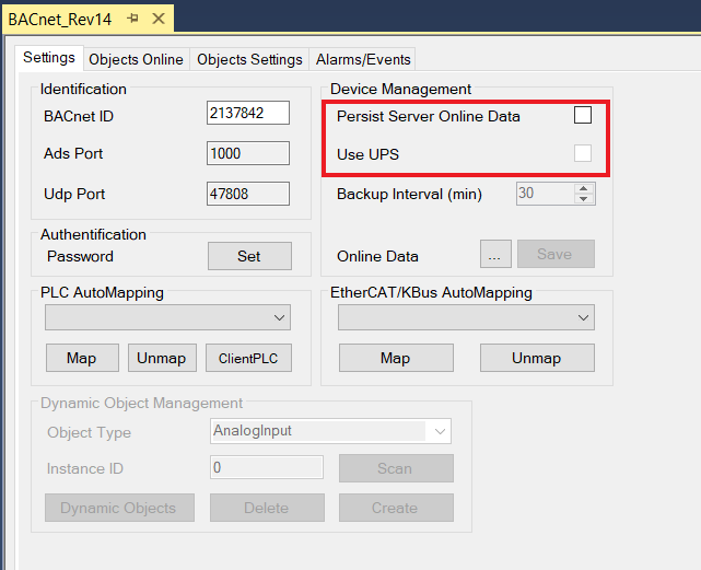 Adjusting the BACnet Server settings 3: