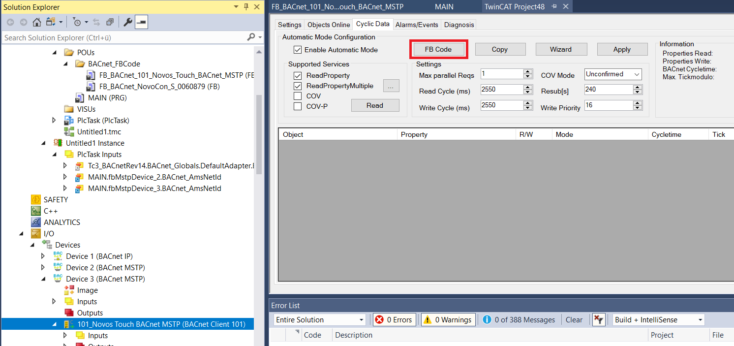 Calling FB Code from the Cyclic Data dialog 1: