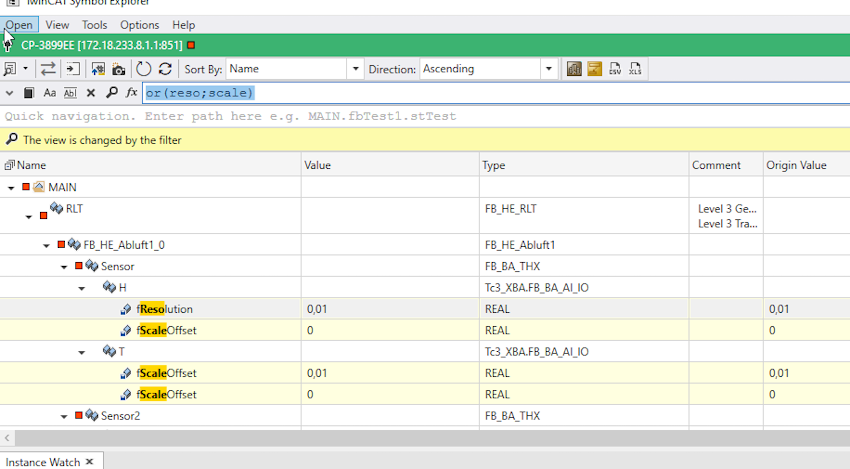 Instance view for parameterization of AI and AO objects 4: