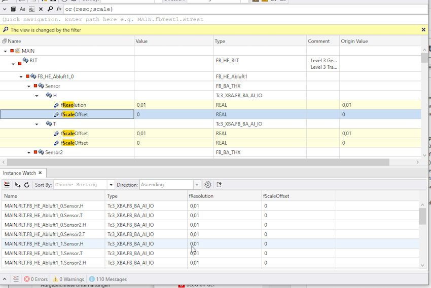 Instance view for parameterization of AI and AO objects 6: