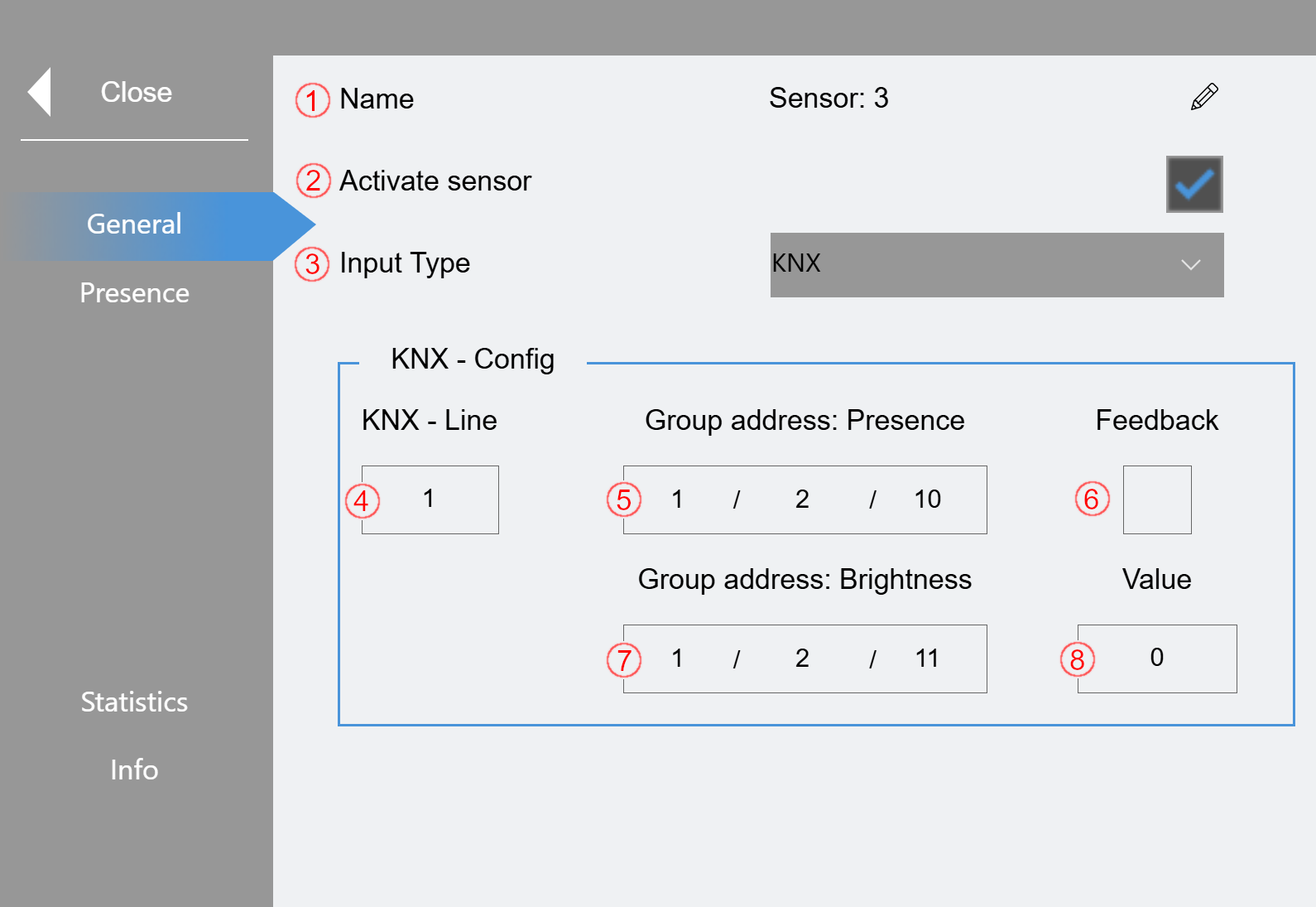 "Sensors" submenu 4: